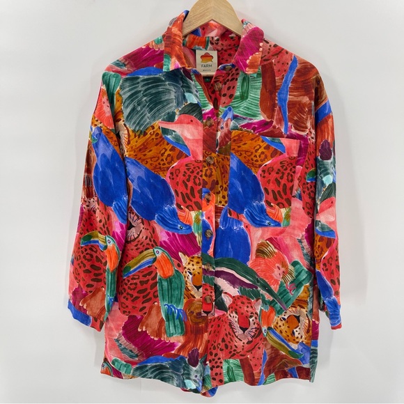 Farm Rio Anthropologie Linen Jungle Print Relaxed Linen Romper Long Sleeve Small - Picture 2 of 15